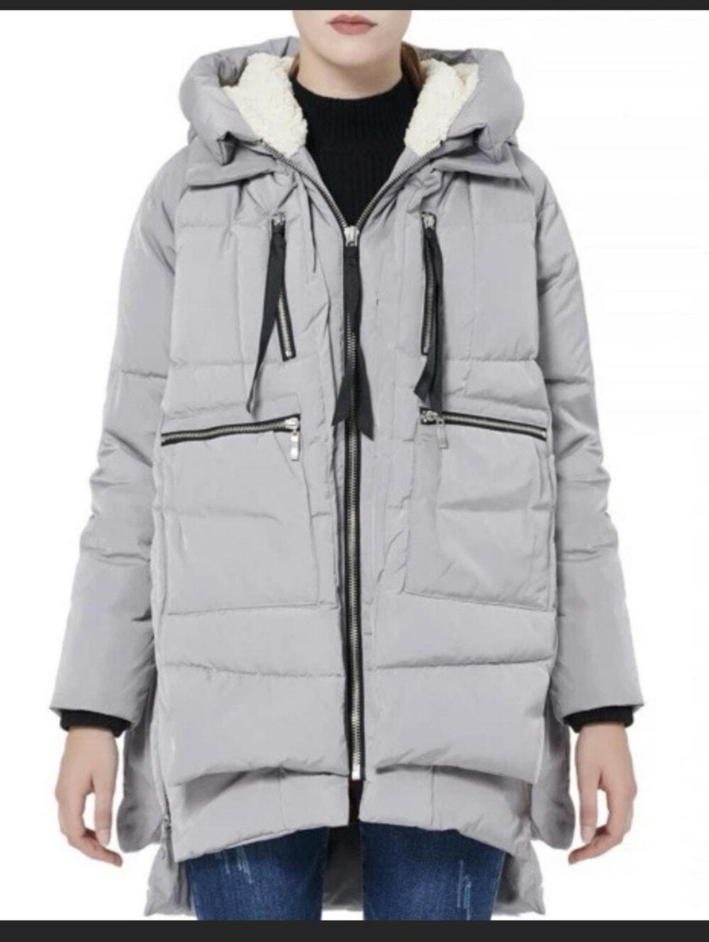 Orolay NWOT! Womens Gray Sherpa Hooded Down Puffer Jacket Coat ā 90% Duck Down